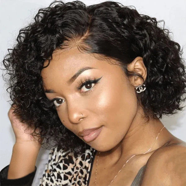 Perruque 100% cheveux humains, coupe courte, bouclée, minimaliste, dentelle HD, sans colle, avec raie latéral