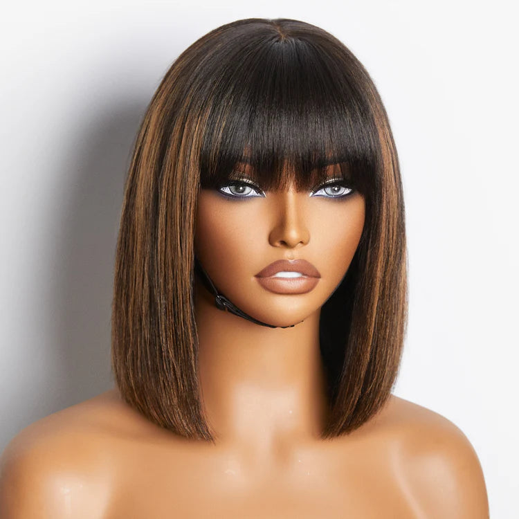 Put On and Go Réaliste Sans Colle Yaki Droit Bob avec Frange Minimaliste Dentelle Perruque 100% Cheveux Humains