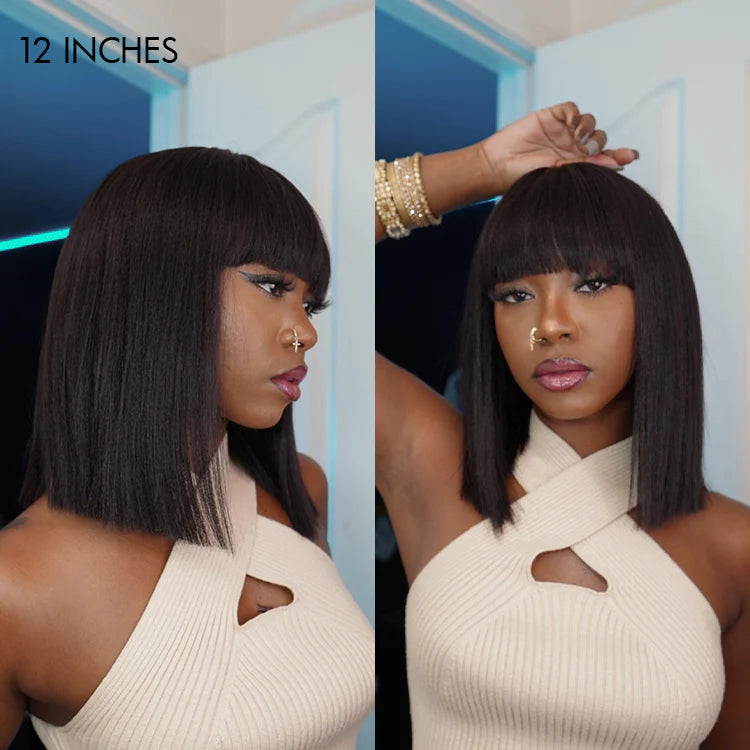 Put On and Go Réaliste Sans Colle Yaki Droit Bob avec Frange Minimaliste Dentelle Perruque 100% Cheveux Humains