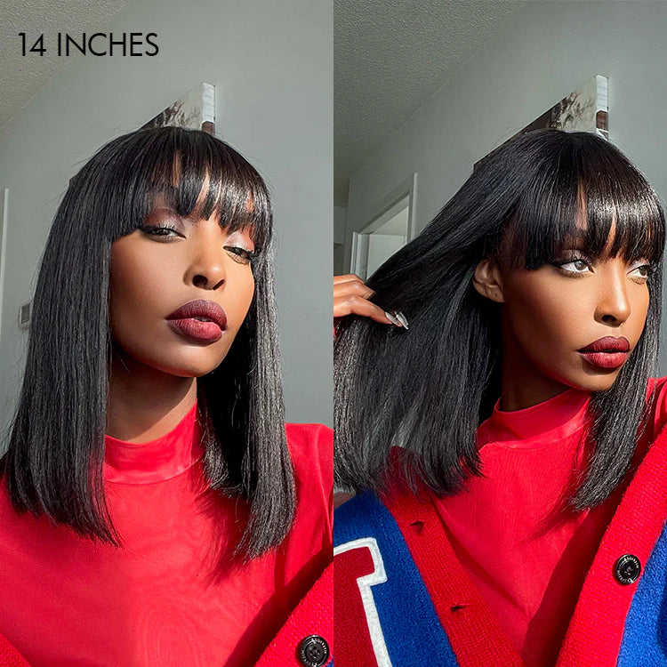 Put On and Go Réaliste Sans Colle Yaki Droit Bob avec Frange Minimaliste Dentelle Perruque 100% Cheveux Humains