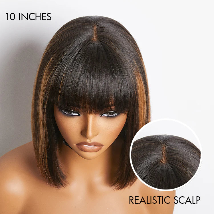 Put On and Go Réaliste Sans Colle Yaki Droit Bob avec Frange Minimaliste Dentelle Perruque 100% Cheveux Humains