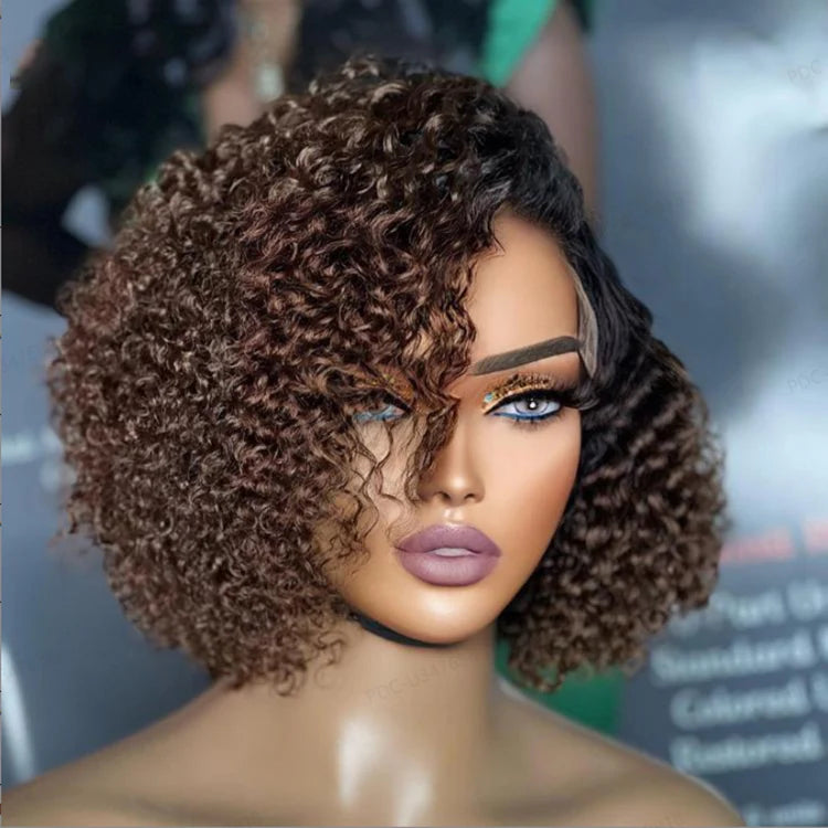Perruque 100% cheveux humains, coupe courte, bouclée, minimaliste, dentelle HD, sans colle, avec raie latéral