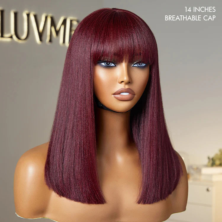 Put On and Go Réaliste Sans Colle Yaki Droit Bob avec Frange Minimaliste Dentelle Perruque 100% Cheveux Humains