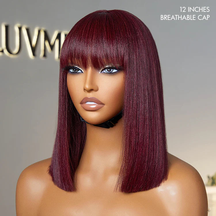 Put On and Go Réaliste Sans Colle Yaki Droit Bob avec Frange Minimaliste Dentelle Perruque 100% Cheveux Humains