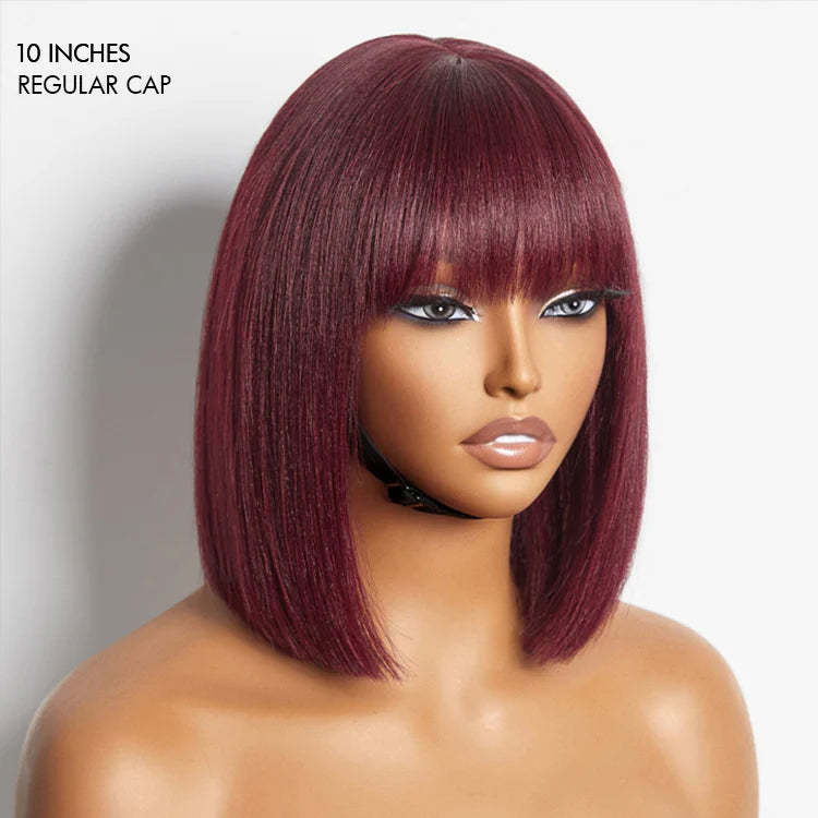 Put On and Go Réaliste Sans Colle Yaki Droit Bob avec Frange Minimaliste Dentelle Perruque 100% Cheveux Humains
