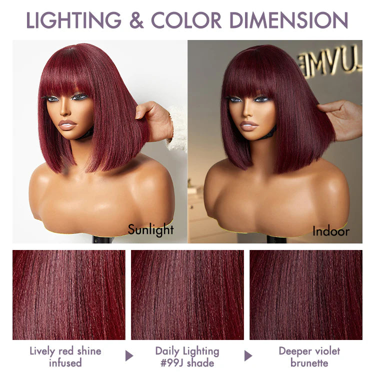 Put On and Go Réaliste Sans Colle Yaki Droit Bob avec Frange Minimaliste Dentelle Perruque 100% Cheveux Humains
