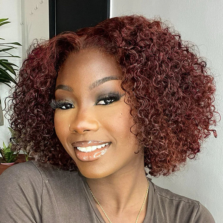 Dark Reddish Brown Water Wave Glueless 5x5 Closure Lace Short Curly Wig