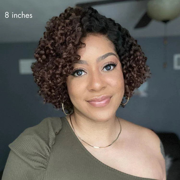 Perruque 100% cheveux humains, coupe courte, bouclée, minimaliste, dentelle HD, sans colle, avec raie latéral