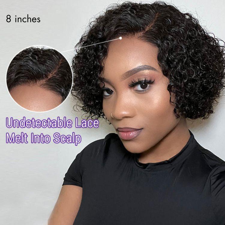 Perruque 100% cheveux humains, coupe courte, bouclée, minimaliste, dentelle HD, sans colle, avec raie latéral