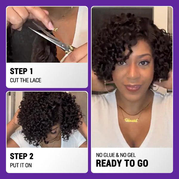 Perruque 100% cheveux humains, coupe courte, bouclée, minimaliste, dentelle HD, sans colle, avec raie latéral