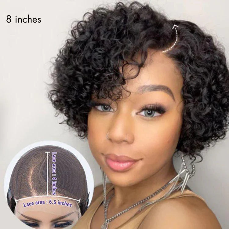 Perruque 100% cheveux humains, coupe courte, bouclée, minimaliste, dentelle HD, sans colle, avec raie latéral