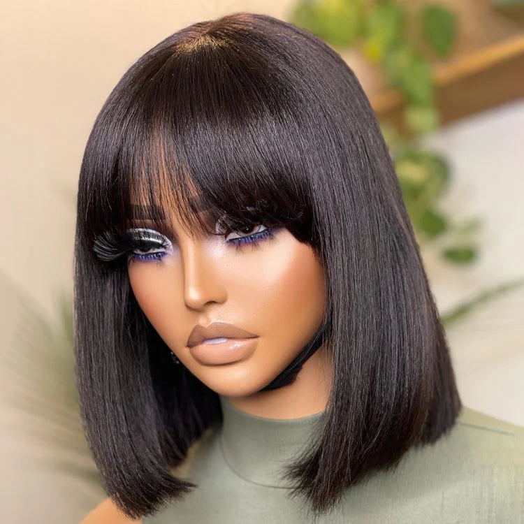 Put On and Go Réaliste Sans Colle Yaki Droit Bob avec Frange Minimaliste Dentelle Perruque 100% Cheveux Humains