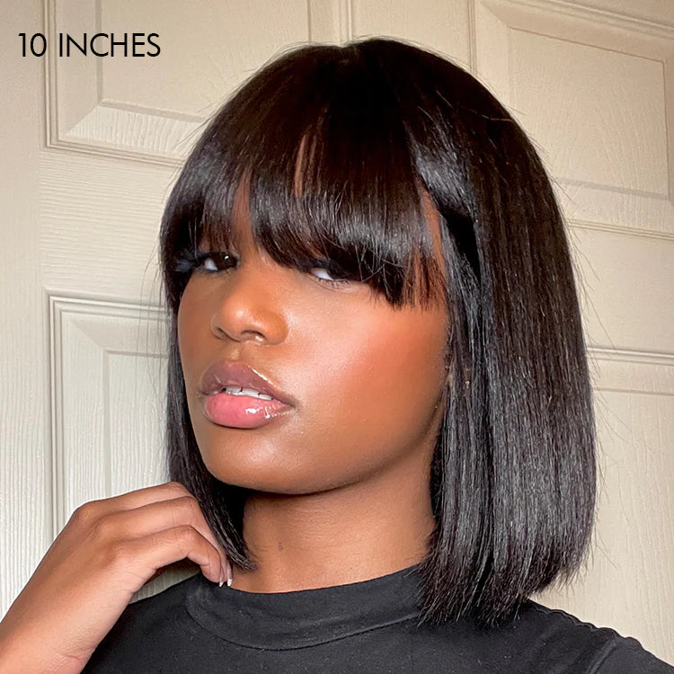 Put On and Go Réaliste Sans Colle Yaki Droit Bob avec Frange Minimaliste Dentelle Perruque 100% Cheveux Humains