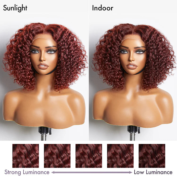 Dark Reddish Brown Water Wave Glueless 5x5 Closure Lace Short Curly Wig