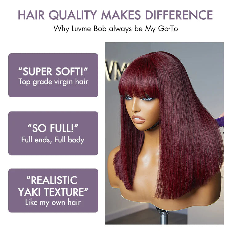 Put On and Go Réaliste Sans Colle Yaki Droit Bob avec Frange Minimaliste Dentelle Perruque 100% Cheveux Humains