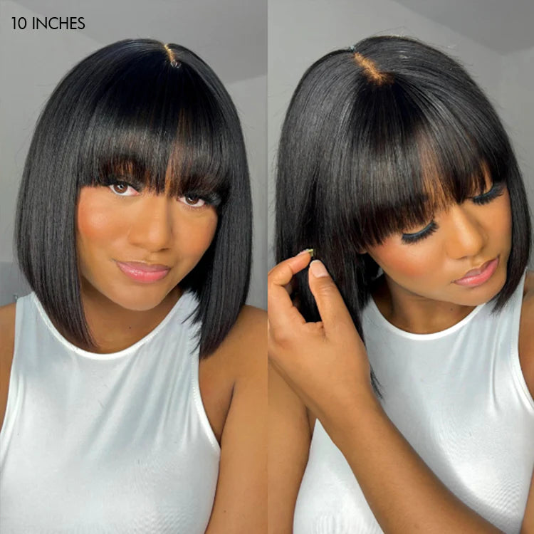 Put On and Go Réaliste Sans Colle Yaki Droit Bob avec Frange Minimaliste Dentelle Perruque 100% Cheveux Humains