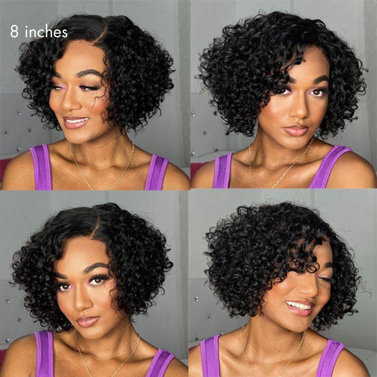 Perruque 100% cheveux humains, coupe courte, bouclée, minimaliste, dentelle HD, sans colle, avec raie latéral